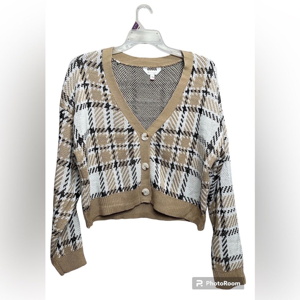 No Boundaries Womens Thick Plaid Cropped Sweater XXL tan and white grandma core
